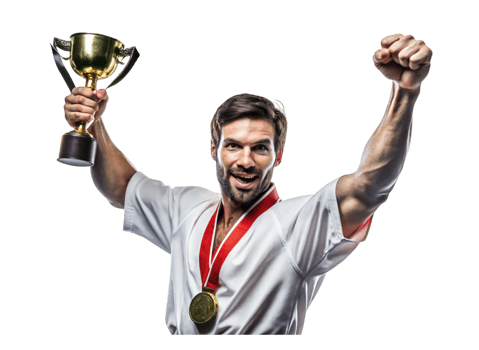 Triumphant winner holding a medal and trophy, showcasing strength and achievement with a big smile and raised arm png