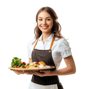 A cheerful waitress holding a tray of food, smiling warmly, isolated on transparent Background png