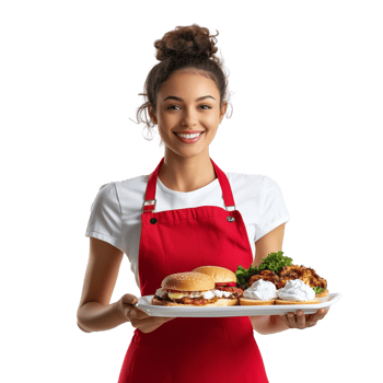 A cheerful waitress with a tray of food, smiling warmly, isolated on transparent Background png