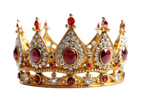 Gold crown adorned with precious red and green gems representing power royalty and exquisite craftsmanship png
