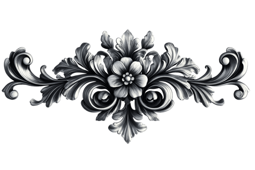 Silver filigree with a flower symmetrically arranged with scrolls and leaves in baroque style png
