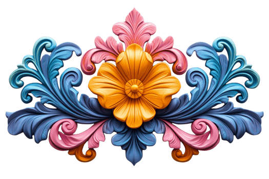 Stylized ornamental design featuring a central yellow flower flanked by blue and pink symmetrical leaves png