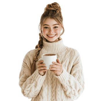 A cheerful young woman in a cozy sweater, holding a cup of hot cocoa, isolated on transparent Background png
