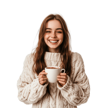 A smiling young woman in a cozy sweater with hot cocoa, isolated on transparent Background png
