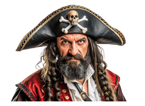 Portrait of a pirate captain with skull and crossbones hat, fierce expression, and rugged attire on Transparent Background png
