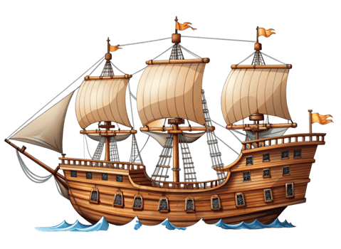 Antique wooden pirate galleon with elaborate rigging, open sails, and historic maritime architecture on Transparent Background png