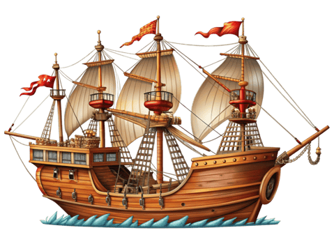 Iconic wooden sailing ship with multiple sails and masts, symbolizing the golden age of piracy and sea exploration png