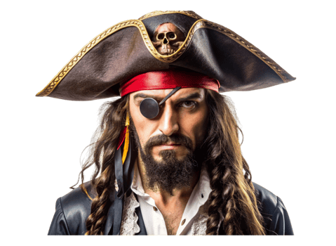 Fierce pirate with eyepatch and tricorn hat in classic attire, showcasing rugged look and intense expression, isolated on white png