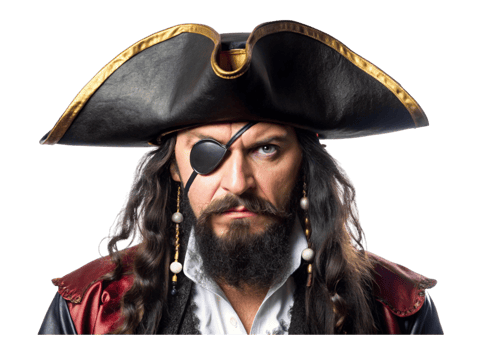 Rugged pirate with tricorn hat, beard, and eyepatch, dressed in historical costume, isolated for adventure and fantasy themes png