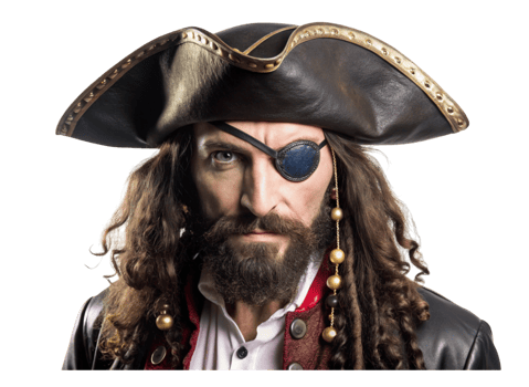 Authentic pirate portrait featuring tricorn hat, eyepatch, and long wavy hair, evoking the golden age of piracy png