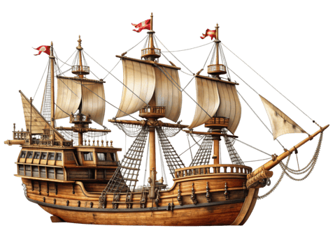 Three masted wooden sailing ship with iconic pirate flag, full sails, and detailed hull, evoking adventure on the high seas png