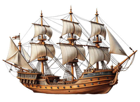Detailed illustration of a classic wooden pirate ship with multiple masts, sails, and rigging, isolated on Transparent Background png