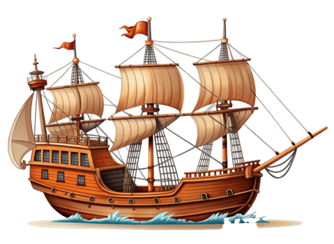Pirate galleon with full sails and masts, featuring detailed rigging and craftsmanship, isolated on Transparent Background png