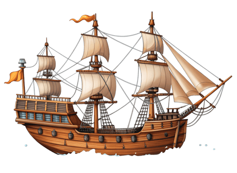 Vintage style sailing ship with intricate woodwork, open sails, and rigging, evoking historic maritime adventures png