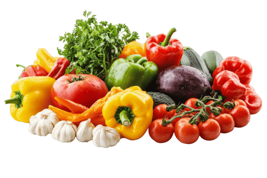 A vibrant assortment of fresh vegetables including peppers tomatoes garlic and zucchini on display png