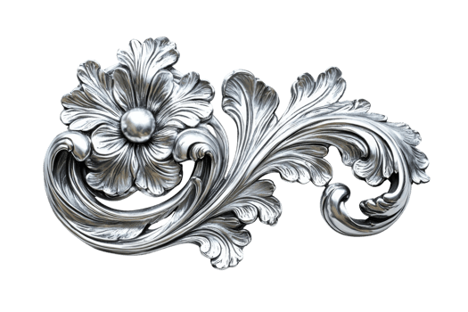 Intricate metalwork carving featuring a flower like center and swirling acanthus like leaves design png