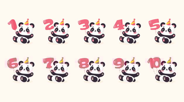 Cute Panda Set with Anniversary Numbers 1 to 10 Flat Illustration. vector