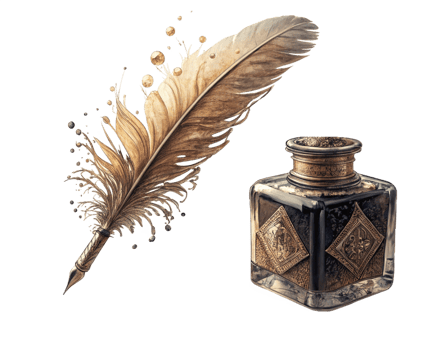 Elegant Quill Pen with Ink Bottle for Literature Theme png