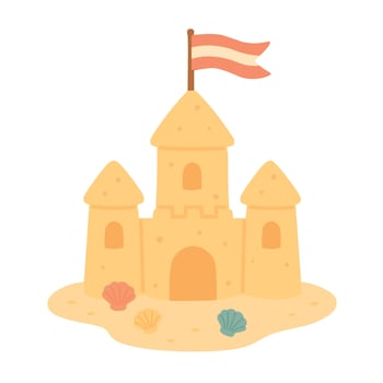 Flat cartoon sandcastle with colorful seashells and waving flag, cute summer beach illustration. vector