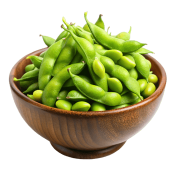 Close up of green edamame beans in their pods, displayed in a natural arrangement on a Transparent Background png