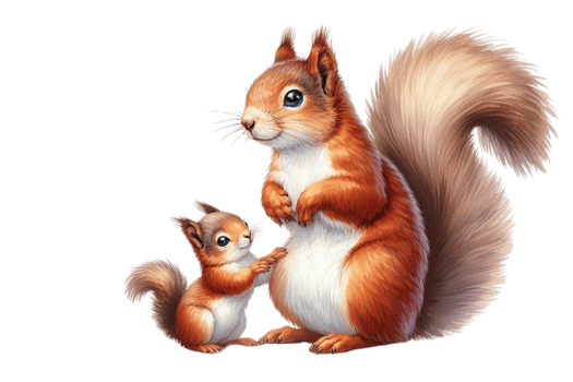 A squirrel and her baby are standing next to each other png