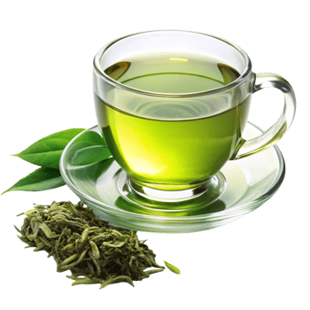 Close up of vibrant green tea in a clear cup, displayed on a white surface with leaves and tea, emphasizing freshness png