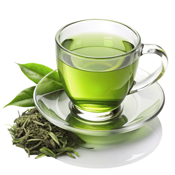 Freshly brewed green tea in a glass cup with tea leaves, isolated on Transparent Background, perfect for healthy drinks png
