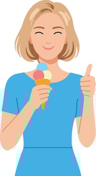 Happy woman with blonde hair giving thumbs up while enjoying colorful ice cream cone in a flat art style vector