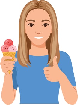 Happy girl enjoying ice cream cone while giving a thumbs up in a cheerful flat illustration vector