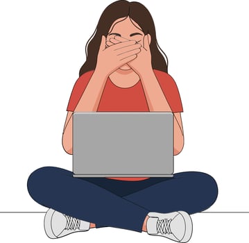 A woman sitting cross-legged in a casual outfit, showing stress while working on a laptop in flat art vector