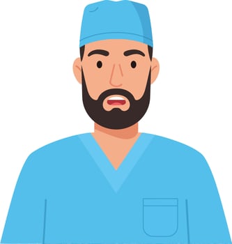 Male doctor wearing blue scrubs and a cap, displaying a serious expression, in a flat design style, illustration vector