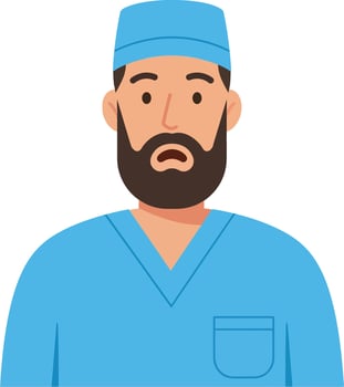 Medical professional in blue scrubs with a beard, flat design style showcasing healthcare dedication, art vector