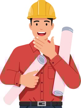 Construction worker wearing a yellow hard hat and red shirt holding rolled blueprints in a flat, minimal design illustration vector