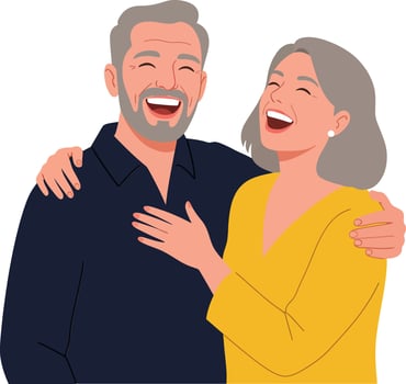 Happy elderly couple embracing and laughing in a joyful moment, with a flat design style, illustration vector