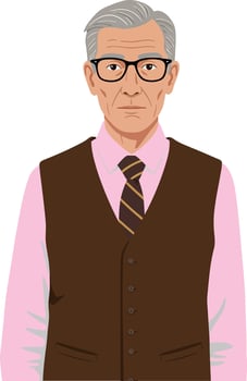 Elderly man wearing a stylish brown vest over a pink shirt, showcasing a flat illustration with a serious expression and tailored attire in a neutral setting, art vector