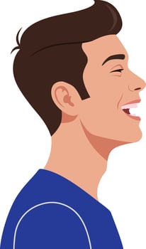 Profile view of a smiling young man with short dark hair wearing a blue shirt in a minimalistic flat illustration vector