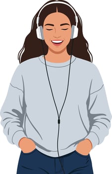 Young woman smiling while wearing headphones and a casual grey sweatshirt in a flat illustration vector