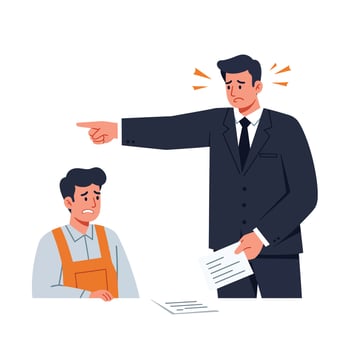 Boss in a black suit reprimanding a young worker in an orange apron, flat illustration capturing tension and authority in a workplace setting vector