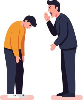 A man in a suit whispers to a slouched young man in a yellow sweater, flat illustration depicting discomfort and tension in a tense interaction vector