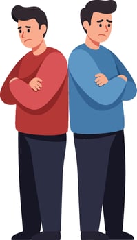 Two men standing back to back in contrasting clothing, showcasing emotions, minimal illustration vector