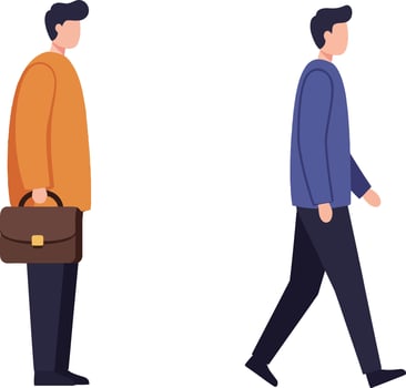 Two men walking in contrasting outfits, one with a briefcase and the other in casual attire, minimal illustration vector