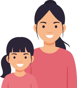 Smiling mother and daughter duo in casual pink attire, showcasing a warm bond with minimalistic flat design, art vector