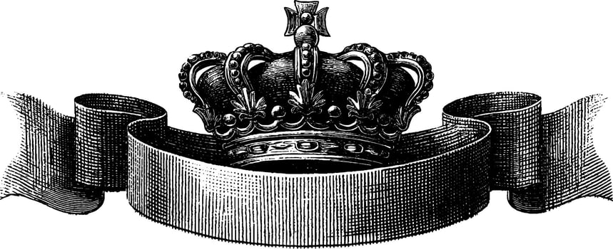 Ornate crown above royal ribbon engraved design for vintage decoration. vector