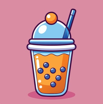 Cartoon Boba Tea Illustration Featuring Blueberries In A Glass Cup With Straw vector