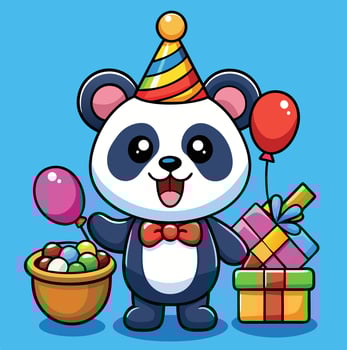 Cute Cartoon Panda Celebrating Birthday With Balloons Gifts And Candy On Blue Background vector