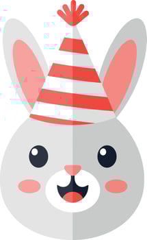 Cute cartoon rabbit wearing a red and white striped party hat in a flat illustration vector