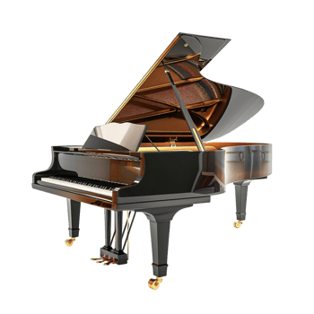 A grand piano with lid open displaying strings and hammers from the side, isolated on transparent Background png