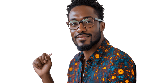 A man in a vibrant shirt holding a cigarette wearing glasses and smiling against a black backg png