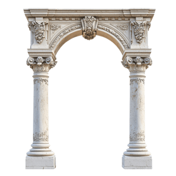 A tall classic stone column arch with ornate details and carvings, isolated on transparent background png