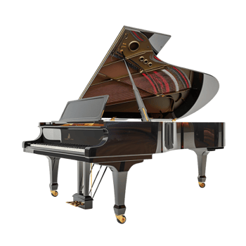 A grand piano with lid open showcasing strings and hammers, side view, isolated on transparent Background png